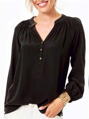Lilly Pulitzer Black Silk Elsa Smocked Popover Blouse XS